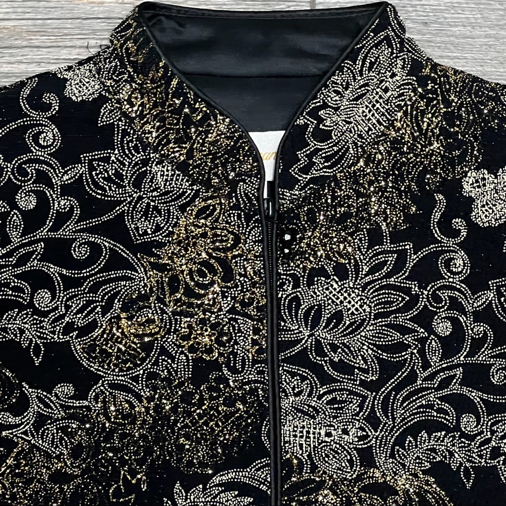 Jeanne Alexander Medium Vtg Zip front jacket gold metallic sparkle Shoulder pads - Picture 11 of 15